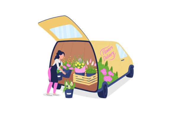 Female Florist Unloading Van Graphics and Illustrations Review