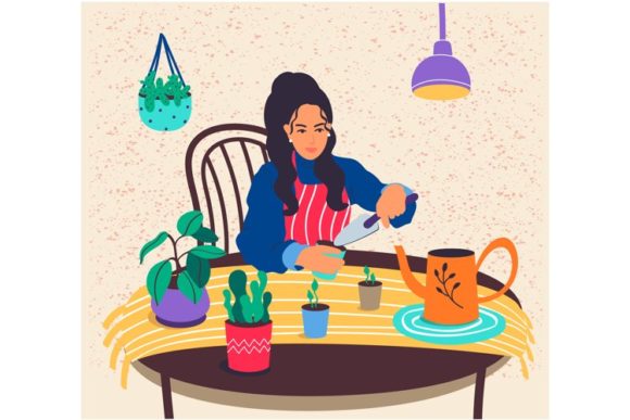 Gardener. Home Gardening. Houseplant Graphics and Illustrations Review