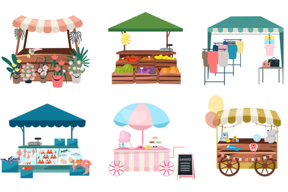 Market Stalls Flat Vector Illustrations Graphics Review