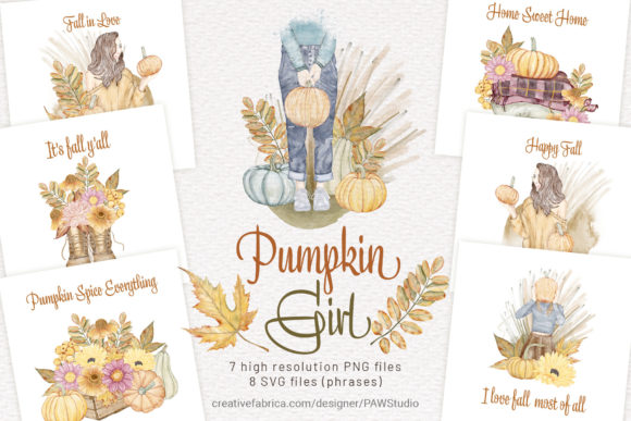 Pumpkin Fall Girls Thanksgiving Clipart Graphics and Illustrations